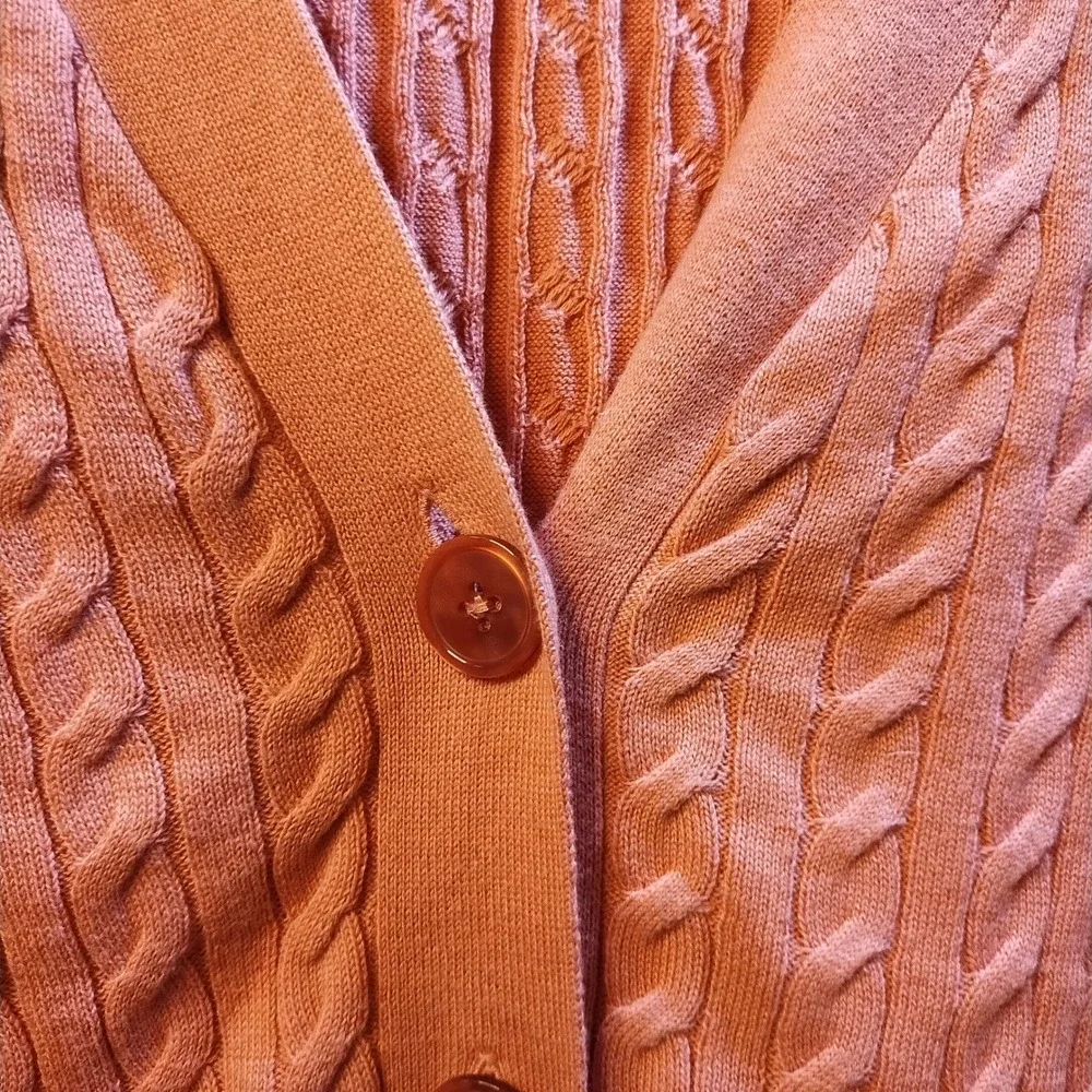 Talbots Petites Cable Knit Cardigan Sz M Coral Button‎ Sweater Preppy Layers